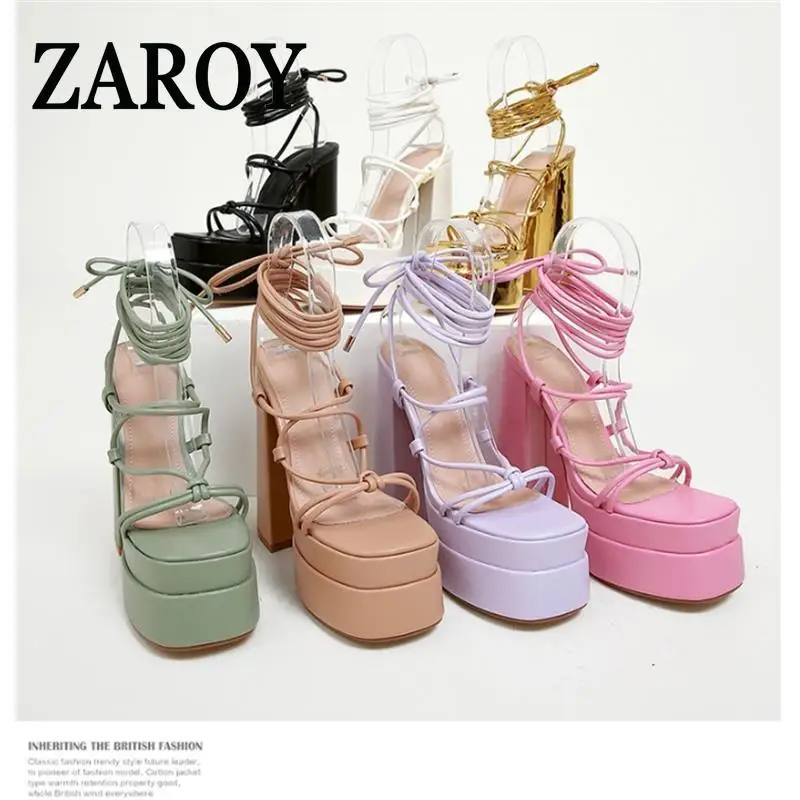 【Outlet Clearance】Solid Colored Cross-tied Heels Supper High Platform Dressing Sandals Peep-toe Square Heel Summer Footwear
