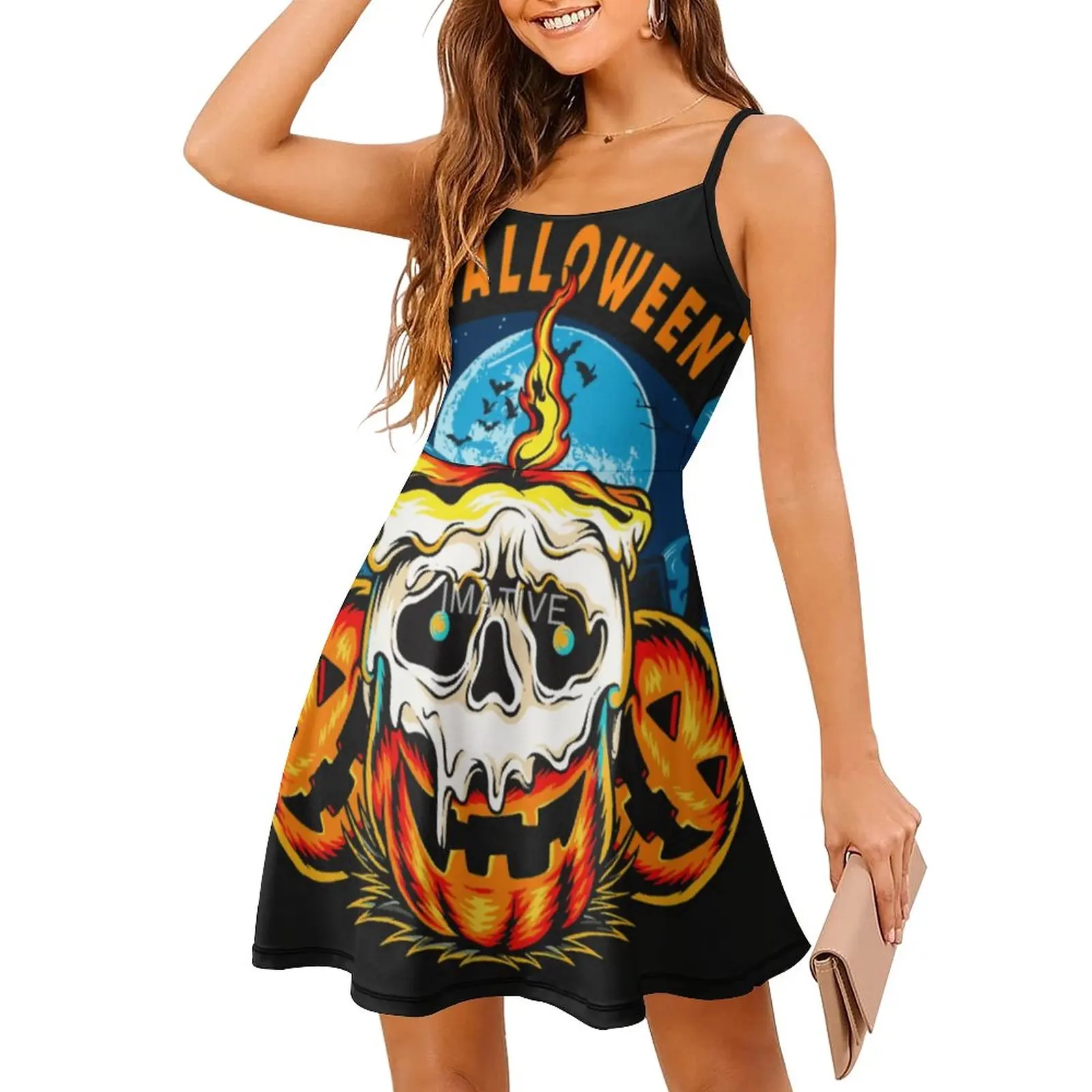 Halloween Skull Crazy (1) Top Quality Sexy  Woman's Gown Women's Sling Dress Humor Graphic Cocktails Dresses