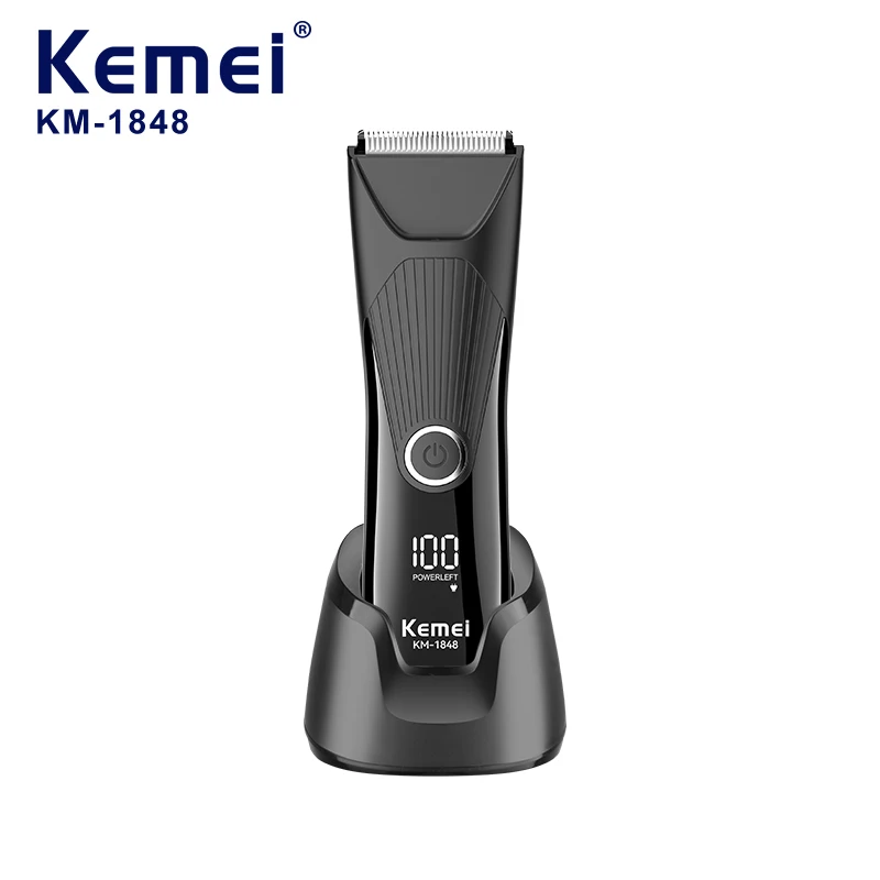 

Kemei KM-1848 Водонепроницаемый электрический триммер для волос Перезаряжаемая беспроводная машинка для стрижки волос для интимного ухода за телом и лицом со светодиодным дисплеем