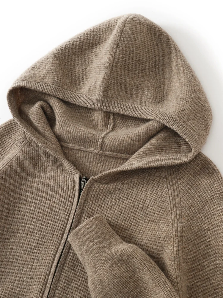 جديد 100% ميرينو رداء علوي من الصوف للرجال هوديي سترة متماسكة سميكة سستة الخريف الشتاء معطف الكشمير كم طويل بلون علوي