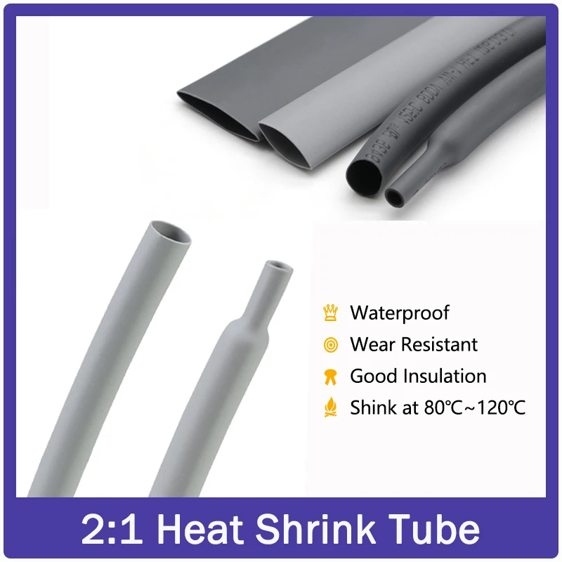 

1-25M Grey 2:1 Heat Shrink Tube Dia 0.6mm ~ 80mm Polyolefin Heat Shrinkable Tubing Cable Sleeving Wrap DIY Cable Repair Sleeves