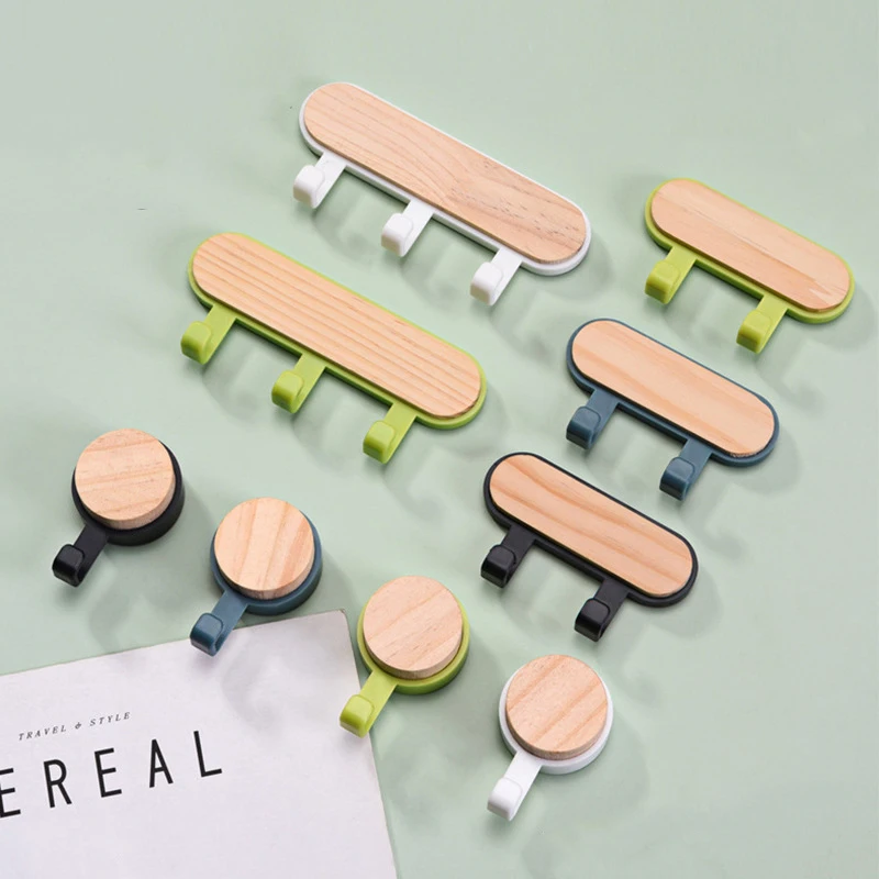 Wooden Round-Tip Hooks – Multi-Purpose No-Drill Adhesive Hooks for Home, Heavy Duty & Space-Saving (Door/Wall Mount)