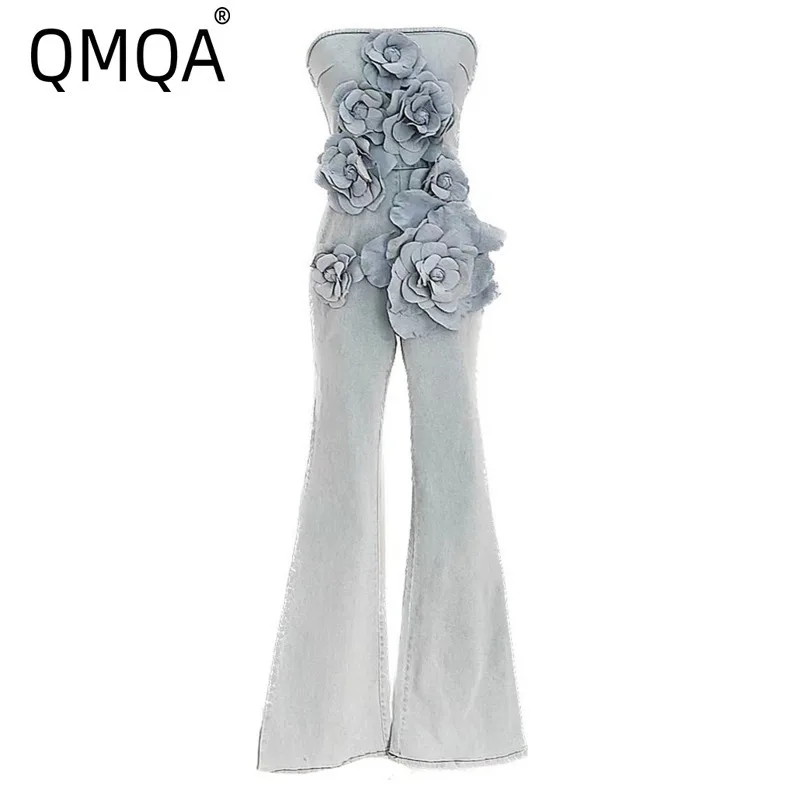 

QMQA Fashion Women's 3D Flower Spliced Jumpsuits Strapless High Waist Solid Jumpsuit Female Spring 2025 New Clothing 1A145