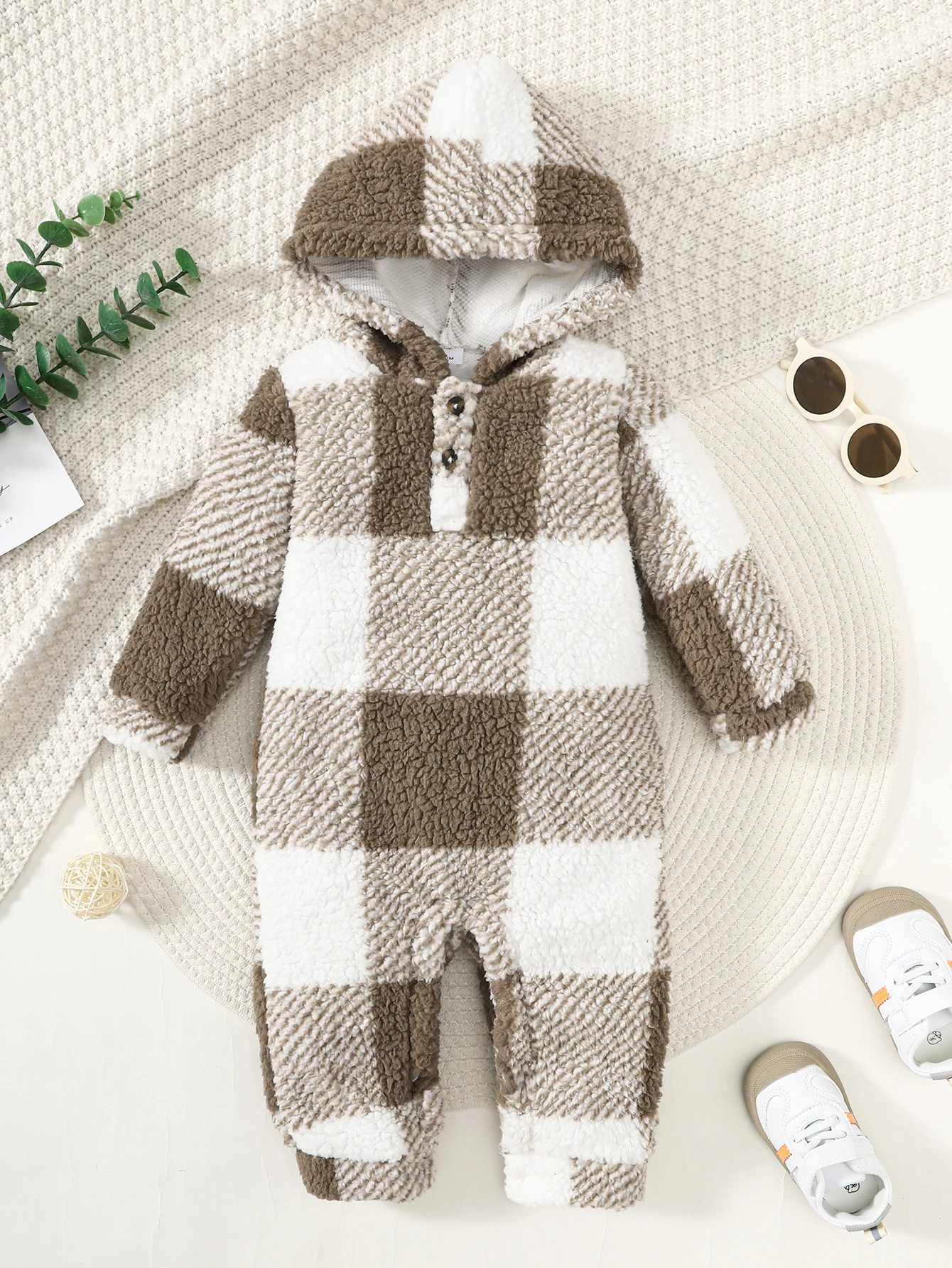 Boys' Hooded Onesie Khaki Plaid Furry Warm Hooded Romper (Random Plaid Position) Baby Boy All-in-One Winter Clothes