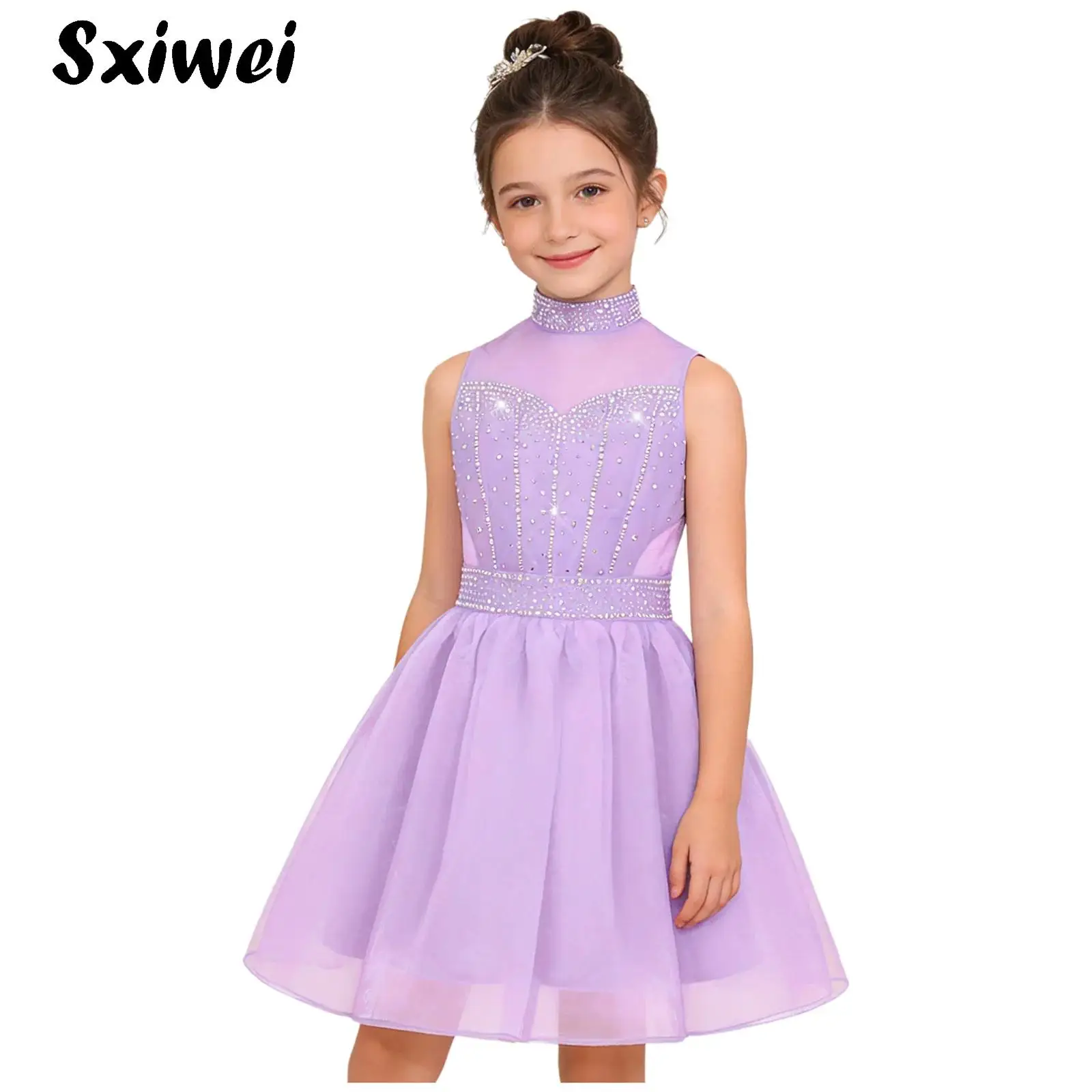 

Kids Girls Elegant Rhinestones Mesh Tulle Dress Sleeveless Princess A-line Tutu Dress Birthday Prom Party Wedding Pageant Gowns