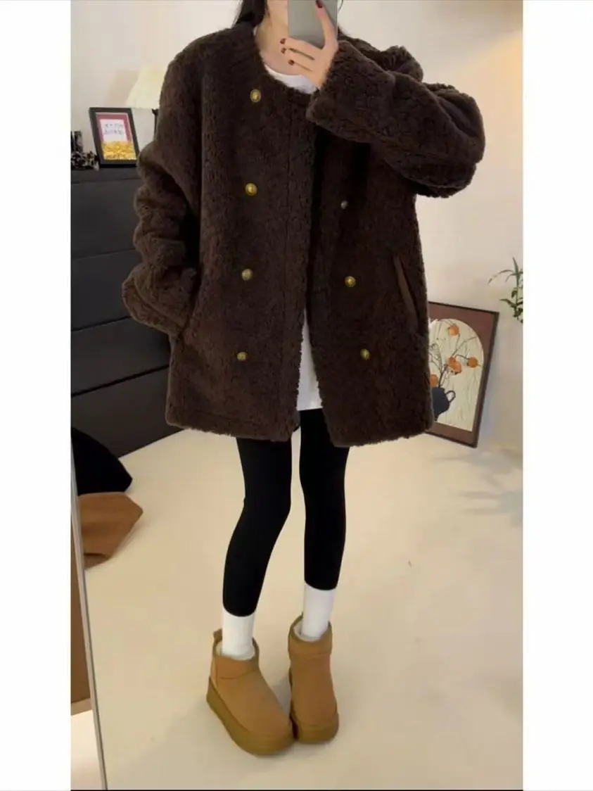 

Женский кардиган из искусственного меха Thiened Lamb Velvet, осенне-зимняя новинка, свободный крой в корейском стиле, подходит для всех типов фигуры