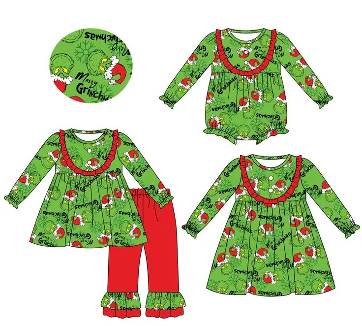 New Christmas boutique children\'s suit long-sleeved elastic cartoon tree print trousers lace girl suit baby jumpsuit dress