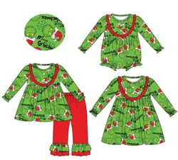 New Christmas boutique children's suit long-sleeved elastic cartoon tree print trousers lace girl suit baby jumpsuit dress