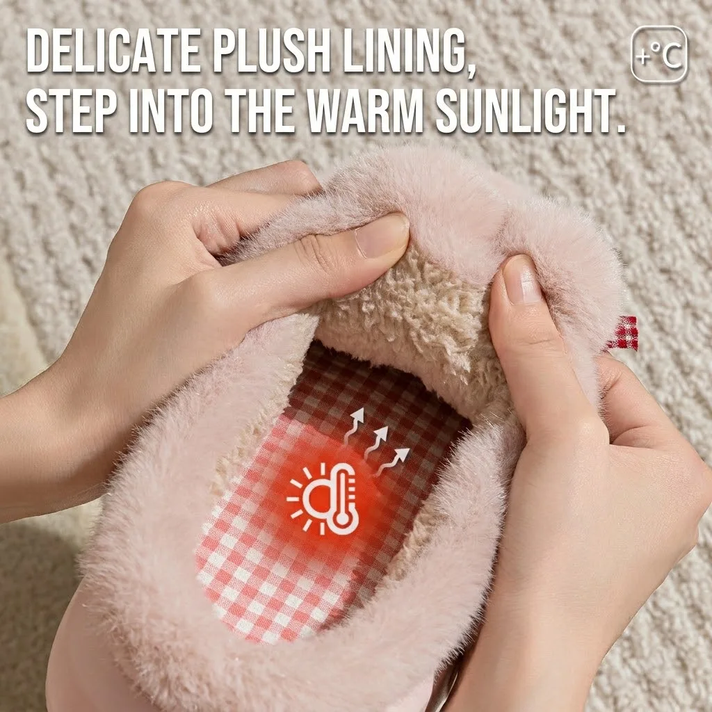 Niedliche Pom-Pom-Warme-Plüsch-Hausschuhe für Damen, Winter, dicke Sohle, Indoor-Hausschuhe, flauschiges Kunstfell, rutschfeste Baumwoll-Slipper für das Schlafzimmer. – Detail 20