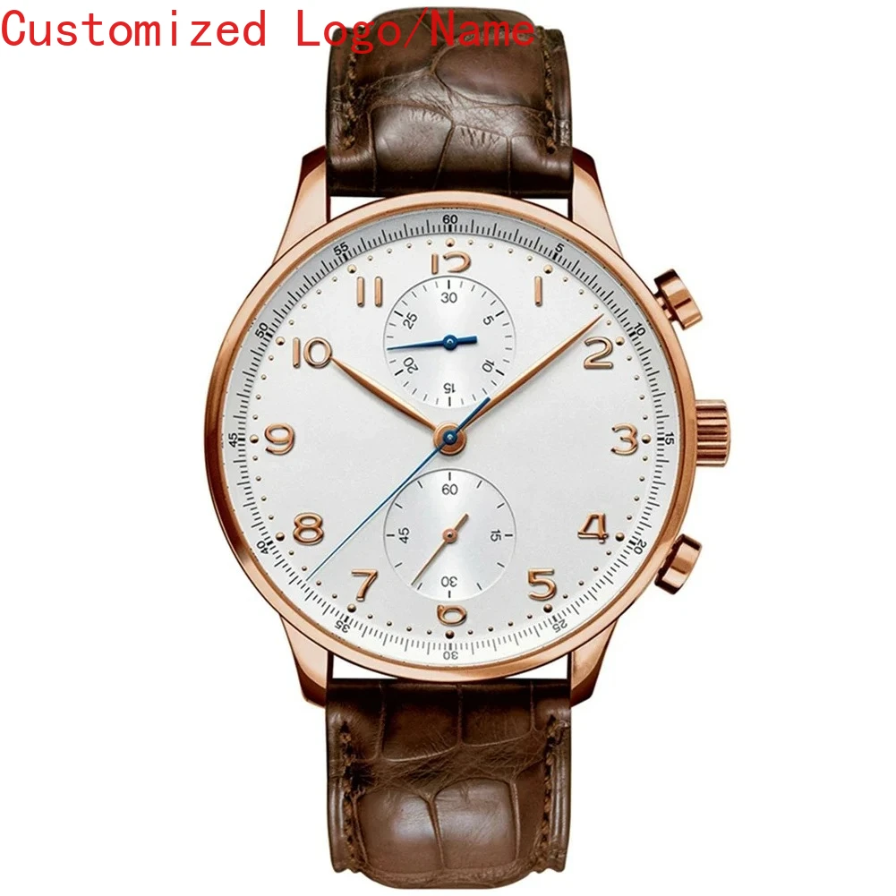 ساعة ميكانيكية أوتوماتيكية فاخرة للرجال ساعات ستانلس ستيل برتغالية لون ذهبي وردي أسود أزرق جلد مينا بيضاء #3