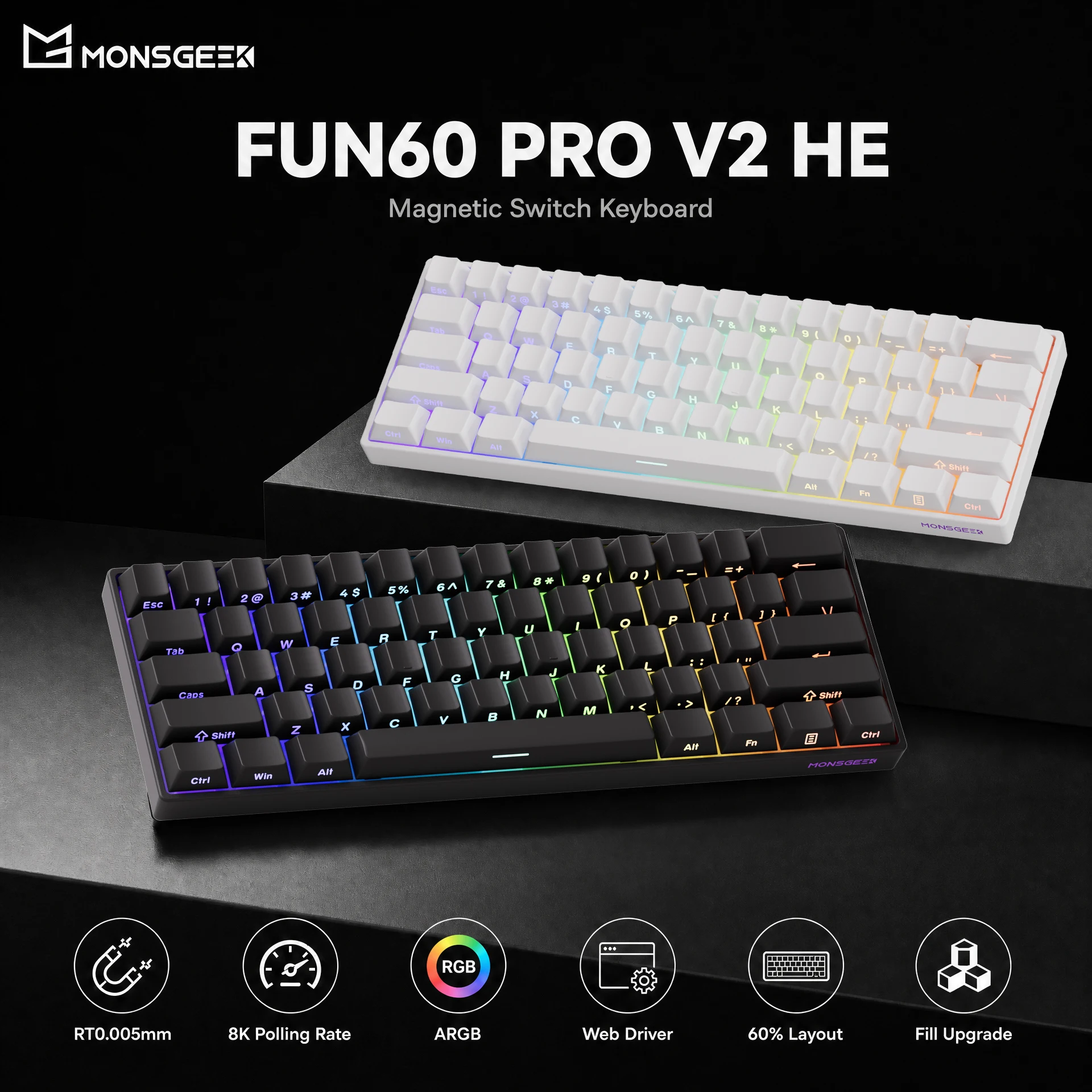 MonsGeek FUN60 PRO V2 HE Keyboard Magnetic 60% Switch RT0.005 mm 8K Polling Rate Type-C Wired Custom Gaming Mechanical Keyboard