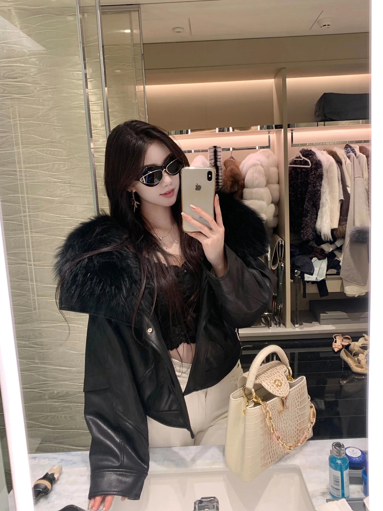 

Bla Cool And Versatile Belted Large Collar Leather Jaet J Studio Han Suxi Outfit Sli Slimming Fur Coat for Women