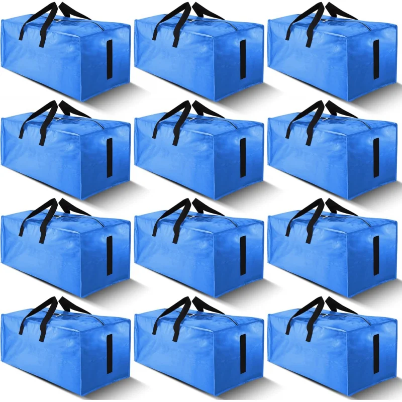 

12 Pack Large Strong Moving Bags with Zippers & Carrying Handles - Water-Resistant - Heavy Duty Storage Tote for Space Saving.