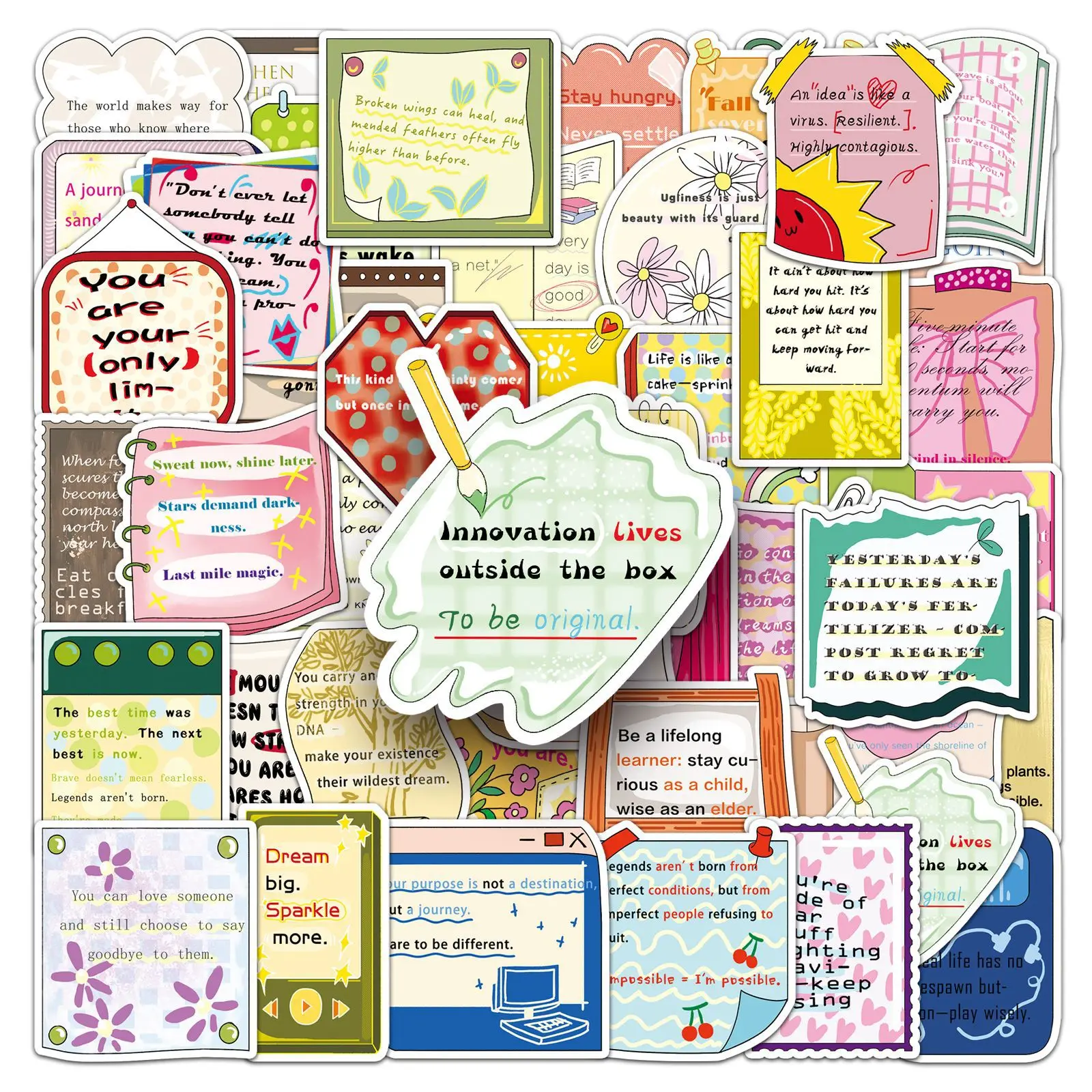 

50PCS English Motivational Stickers Inspirational English Phrases Cartoons Decorative iPad Laptop Waterproof Stickers Kids Toy
