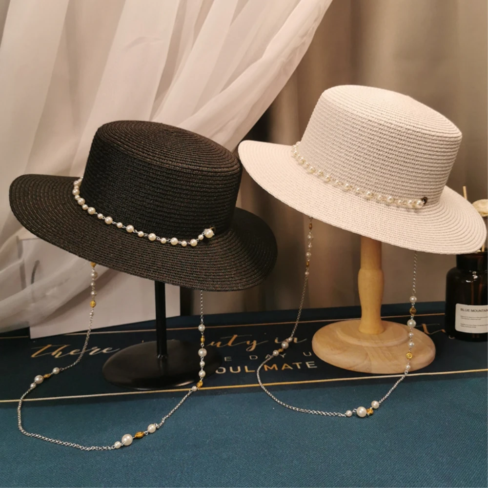 2025 verano elegante cadena de perlas sombreros planos para el sol para mujer Chapeau femenino sombrero de paja Panamá ala ancha Anti-UV gorra de playa sombrero de niña