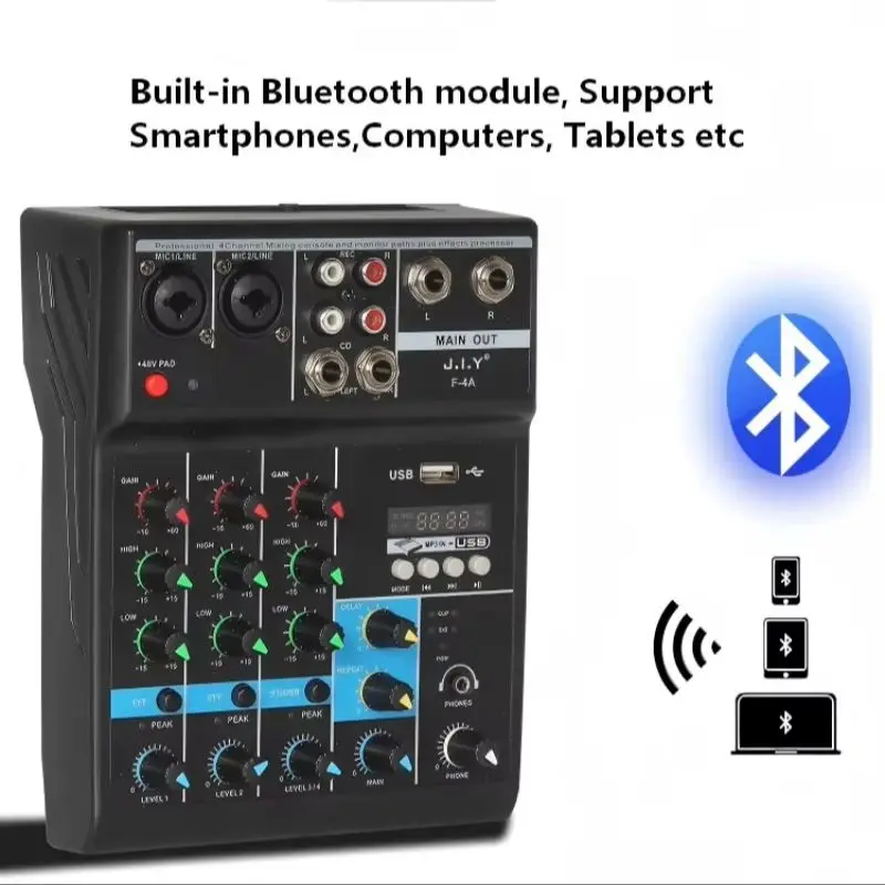 Afbeelding 3: Professionele 4-kanaals mini-mixtafel met reverb-aanpassing, USB, Bluetooth, hoofdtelefoonmonitoring, DJ-stage performance controller