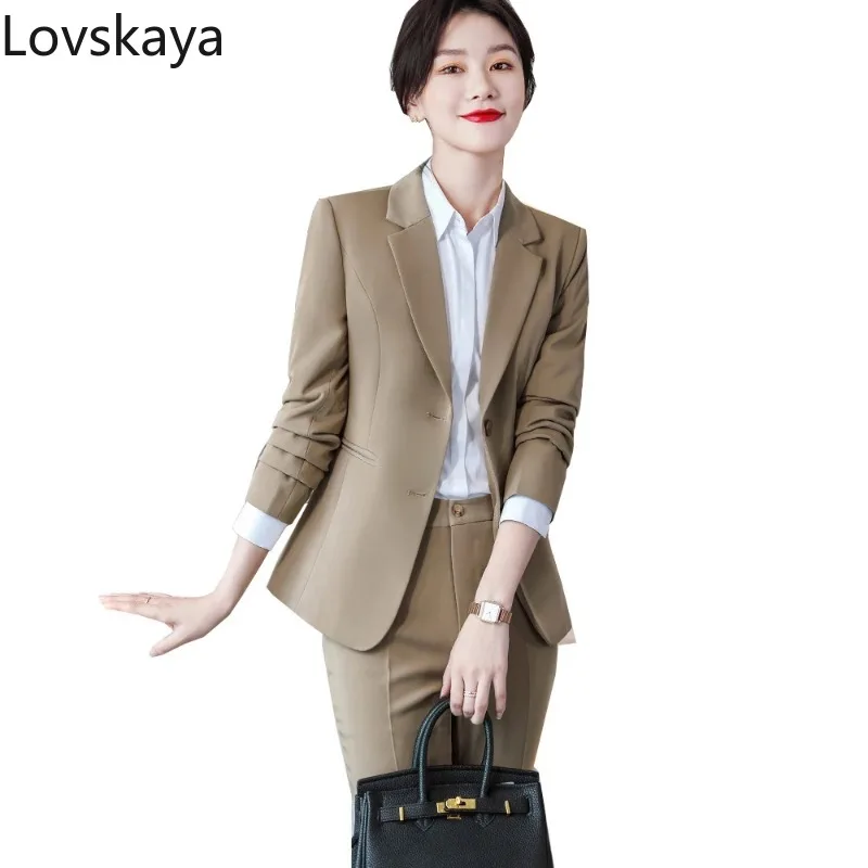 Classic Office Formal Pant Suit For Work Female Long Sleeve Blue Black Solid Two Piece Set Blazer and Trouser