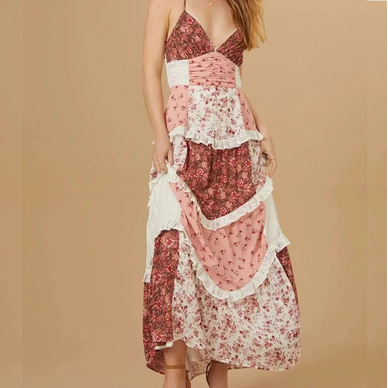 New European Style Woman’s Vintage Floral Dress Chiffon Spaghetti Strap V Neck Lace Tiered Layered Maxi Beach Boho Dress Women