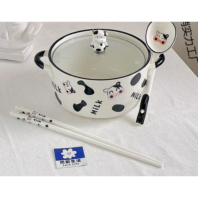 Cow Ceramic Noodle Bowl with Lid Large Capacity Cute Double Handle Soup Bowl for One Person