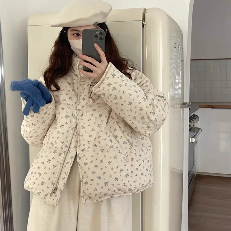 Cappotti trapuntati a maniche lunghe con colletto alla coreana semplice allentato quotidiano stampato casual alla moda da donna Abbigliamento invernale femminile Parka Top