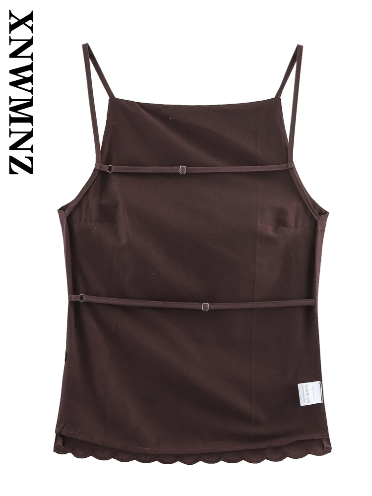 XNWMNZ 2025 Estate Donna Abbigliamento Semplice Partito Spalla Backless Moda Chic Lady MARRONE tracolla sottile club Slip Top Cravatta