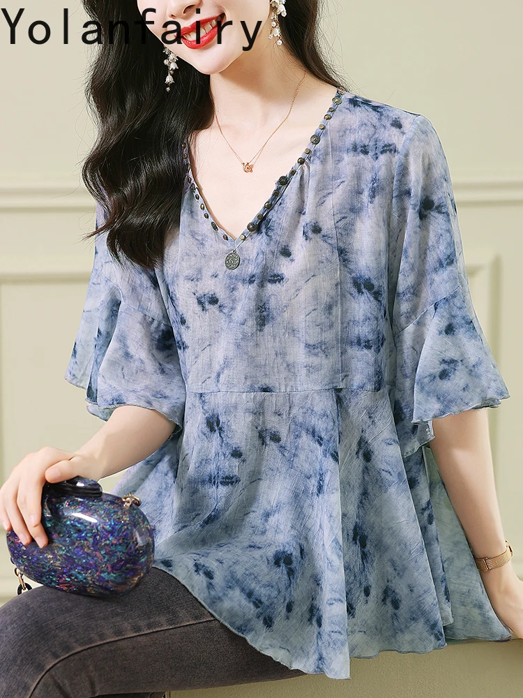 YOLANFAIRY Elegant Shirts for Woman Summer 2025 Floral Chiffon Shirt Loose Tee Shirt Femme Women Top Blouses Butterfly Sleeves