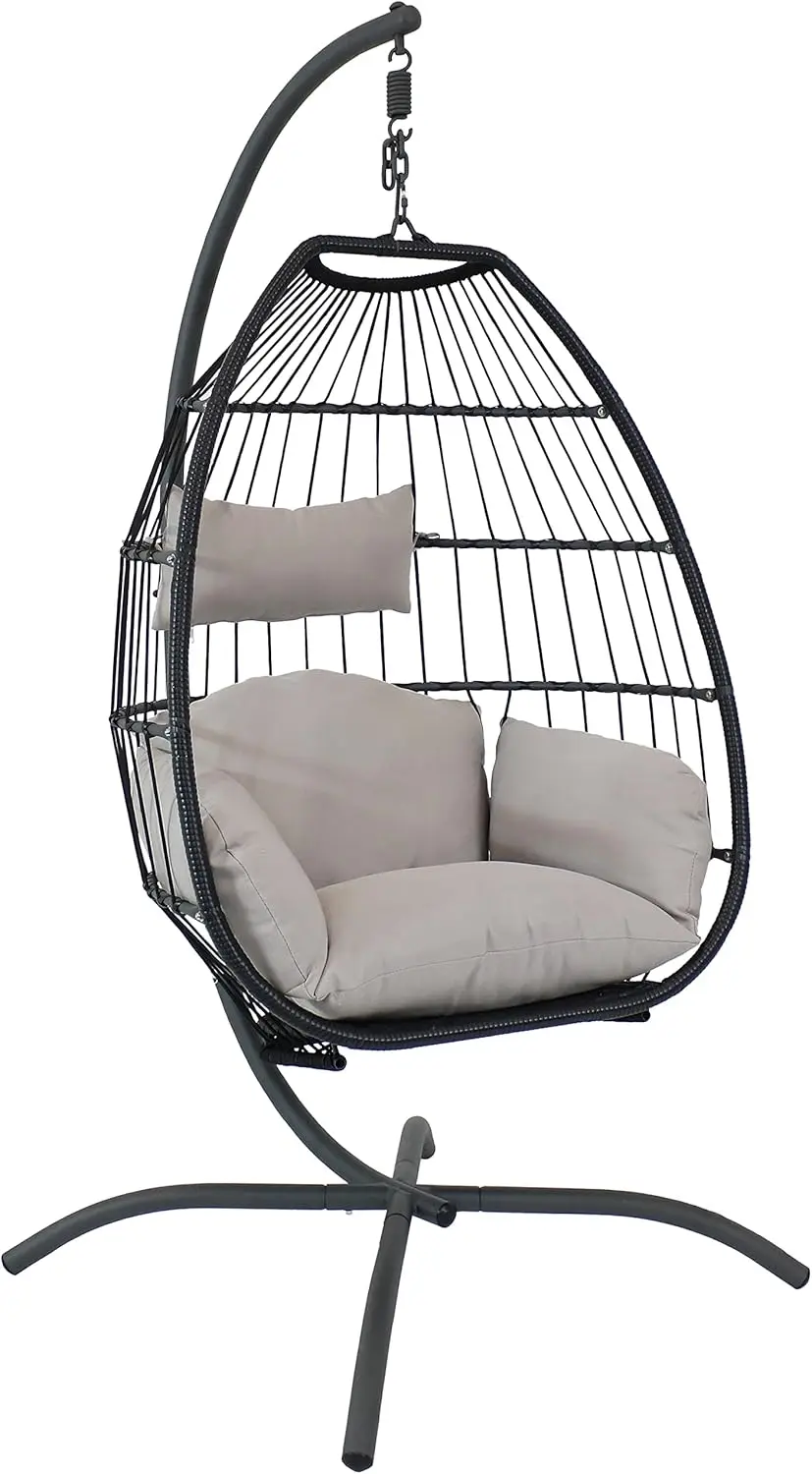 

Sunnydaze Oliver Resin Wicker Hanging Egg Chair with Gray Cushions and Steel Stand - 265-Pound Weight Capacity - 76 Inches