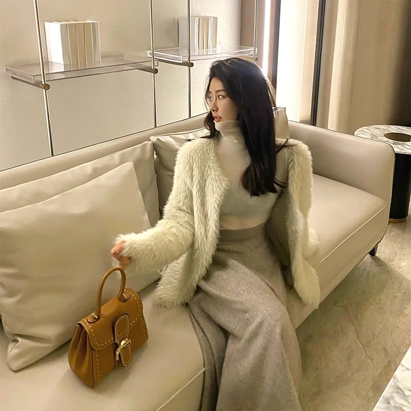 Vêtement d'extérieur en fausse fourrure chaude pour femmes, style décontracté, tube droit, long, uni, cardigan, manteau