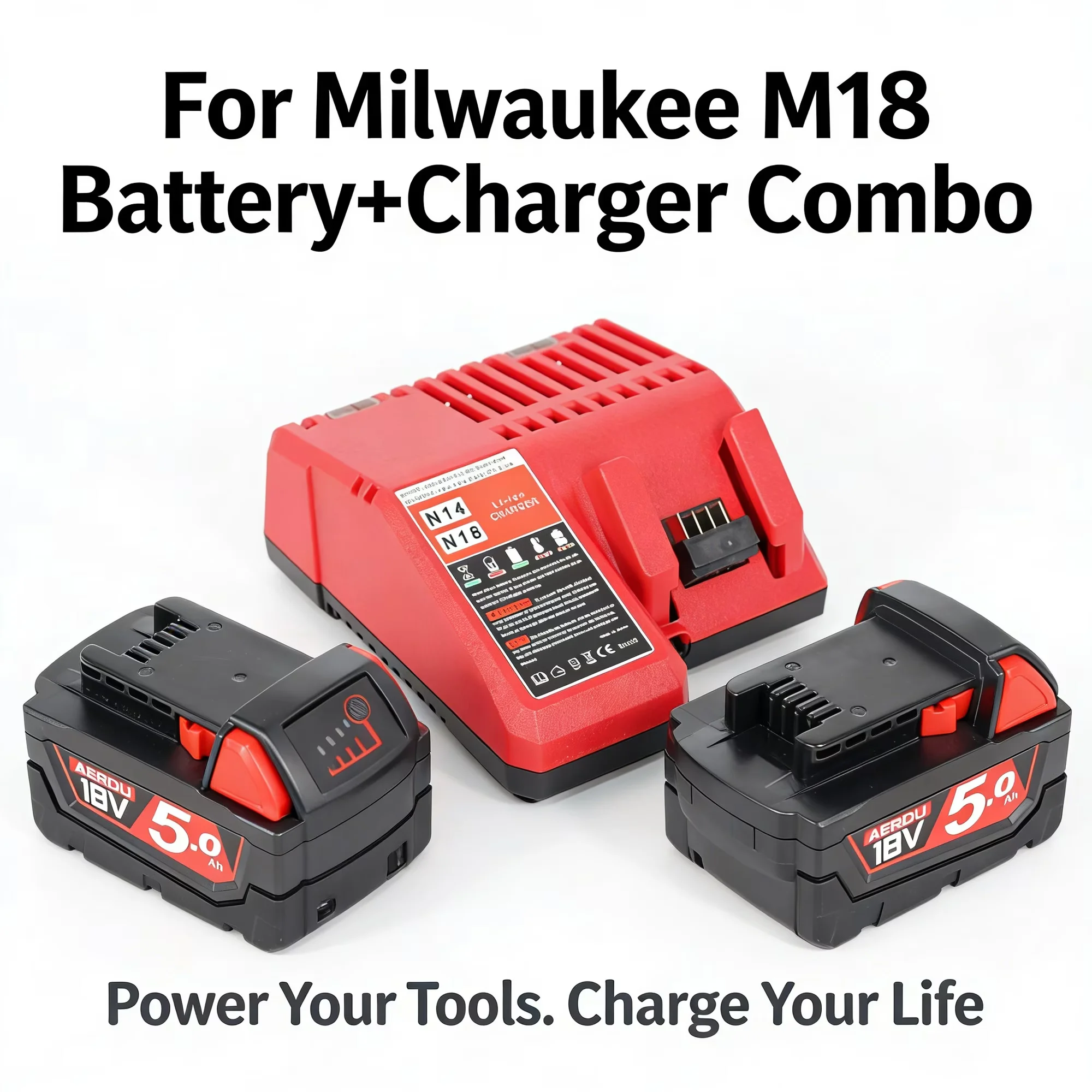 

AERDU 5.0Ah 2-Pack Battery & Charger Kit for Milwaukee M18 Tools, Real 5000mAh Lithium Ion with LED Indicator