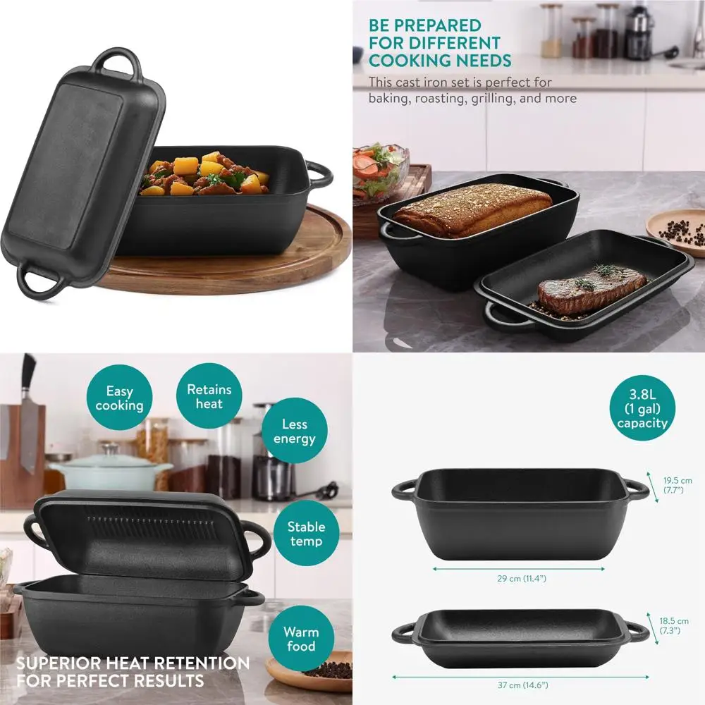 

Navaris Cast Iron Dutch Oven Pan Set with Lid, 3.8L, Black - Use as Skillet, Griddle, Pot or Casserole Dish - Baking Pots and Pa