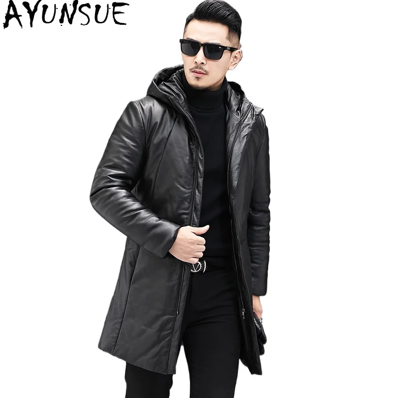 

AYUNSUE пуховик из натуральной овчины, мужские зимние куртки с капюшоном средней длины, корейские куртки из натуральной кожи, тонкие теплые пуховики