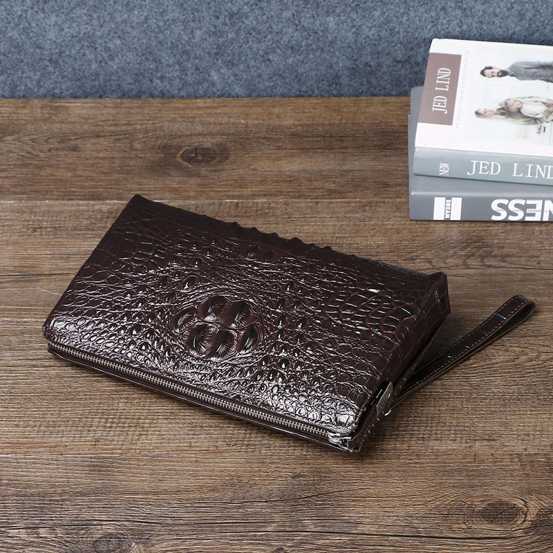 High Quality real leather bag Crocodile pattern Men\'s Clutch bag genuine leather high-capacity cowhide bag Brown