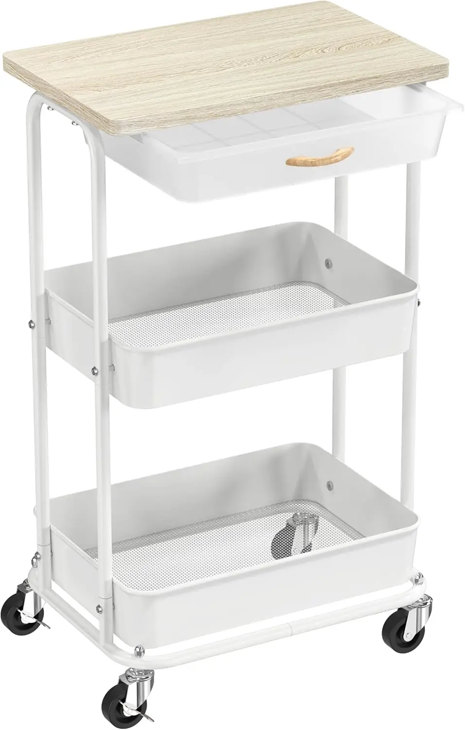 

Трехуровневая передвижная тумба на колесиках с выдвижным ящиком и деревянной столешницей – мобильный приставной столик, компактное хранилище для спальни, ванной комнаты, офиса
