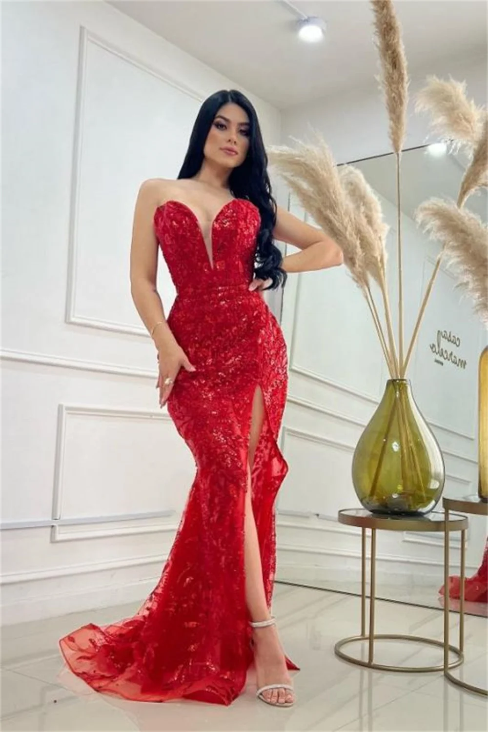 Sansa Red Lace Embroid فساتين السهرة Sexy Strapless Mermaid Prom Dress Side Split Trumpet Vestidos De Noche Detachable Tail