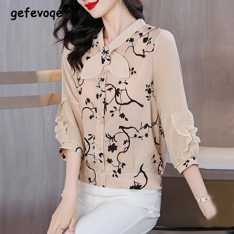 Women\'s Korean Fashion Print Ruffle Bow Elegant Blouse Office Lady Casual Chic Chiffon Shirt Spring Summer 3/4 Sleeve Slim Tops