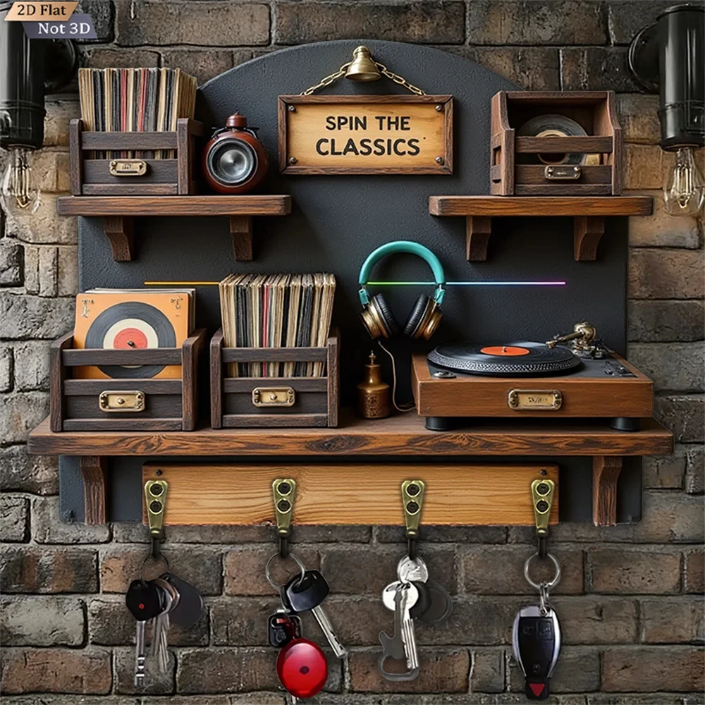 2D Flat, 1pc, Vintage Wooden Key Hook, Wooden Multifunctional Home Key Hook, with four metal hooks, wall decoration, porch