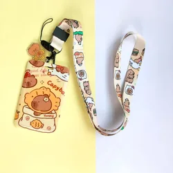 New ABS Slide Card Case Cartoon Printing Capibala Anti Loss Card Sleeve Long Lanyard Card Case