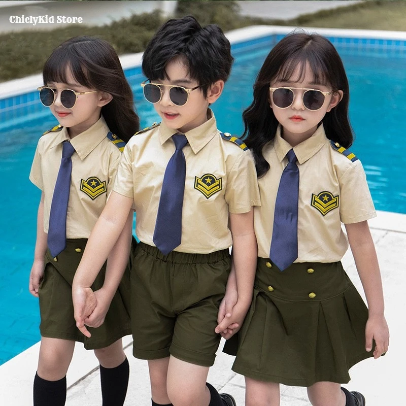 

Kids Summer Captain Uniform Boys Military Costumes Shirt Tie Shorts Girls Blouse Skirts School Outfit Child Cosplay Clothes Sets