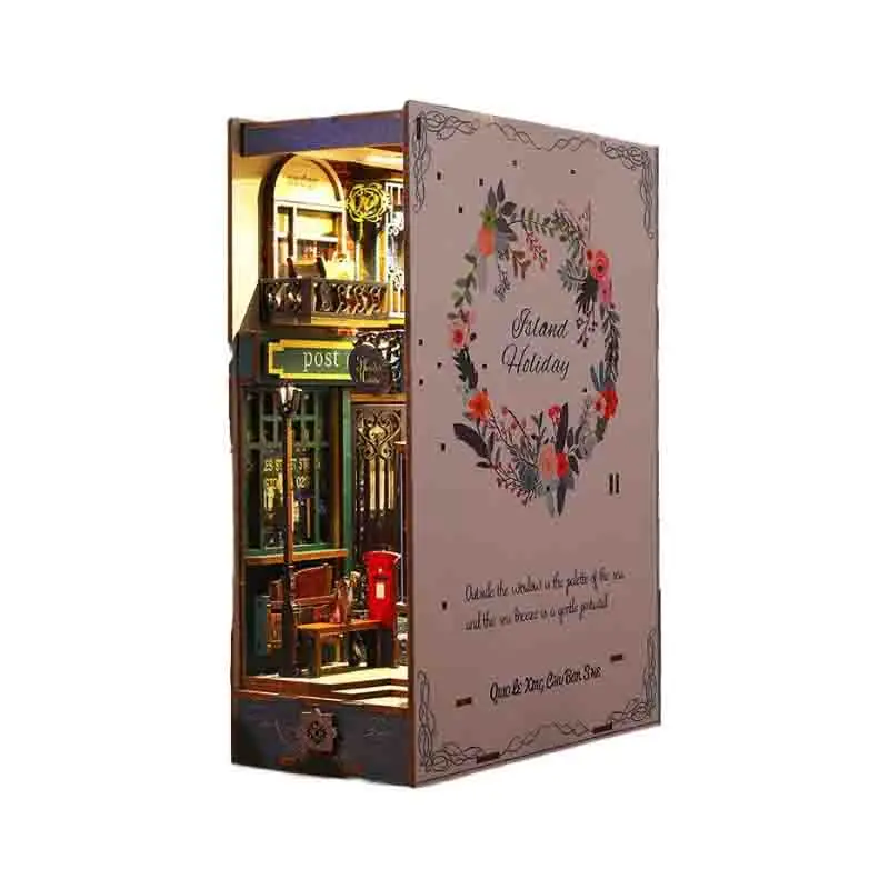 Zestaw DIY Drewniany Book Nook Wkładka do Półki Casa Miniaturowy Domek dla Lalek Wyspa Wakacje Kreatywny Zestaw do Składania Podpórka do Książek Puzzle 3D dla Dorosłych