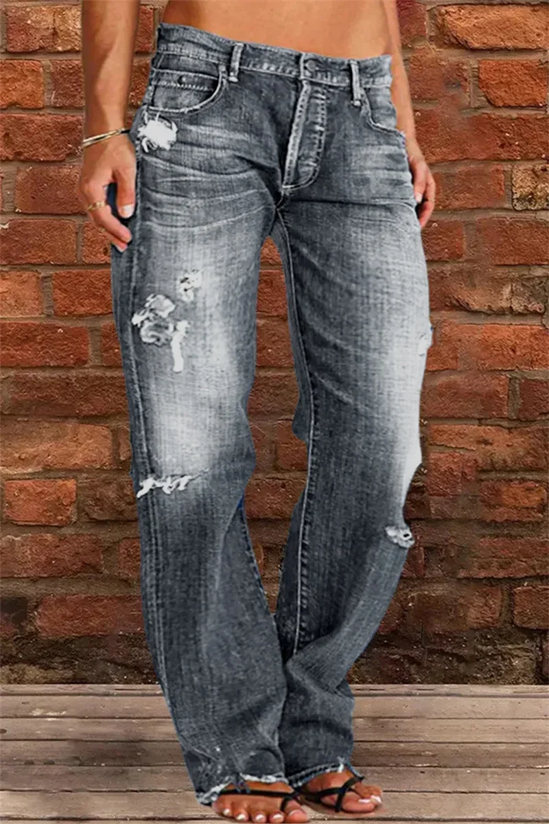 Jeans jeans reto solto feminino com furos quebrados, calça de cintura média, lavável vintage, azul, calça casual diária, moda feminina