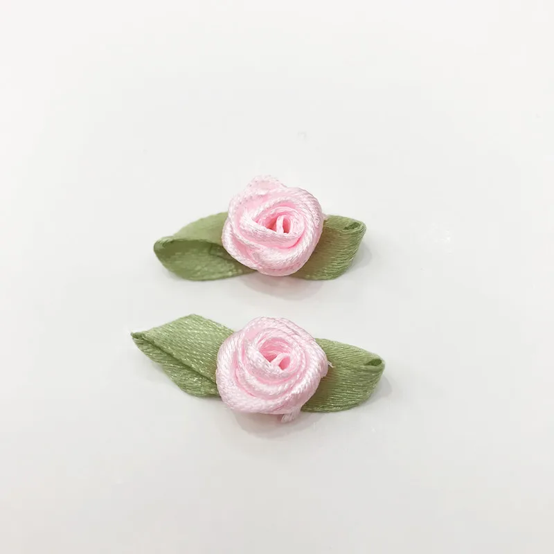 100Pcs 25mm Artificial Mini Roses Heads With Leaves Rosettes Ribbon Handmade Fabric Making Clothing Accessories Party Decoration