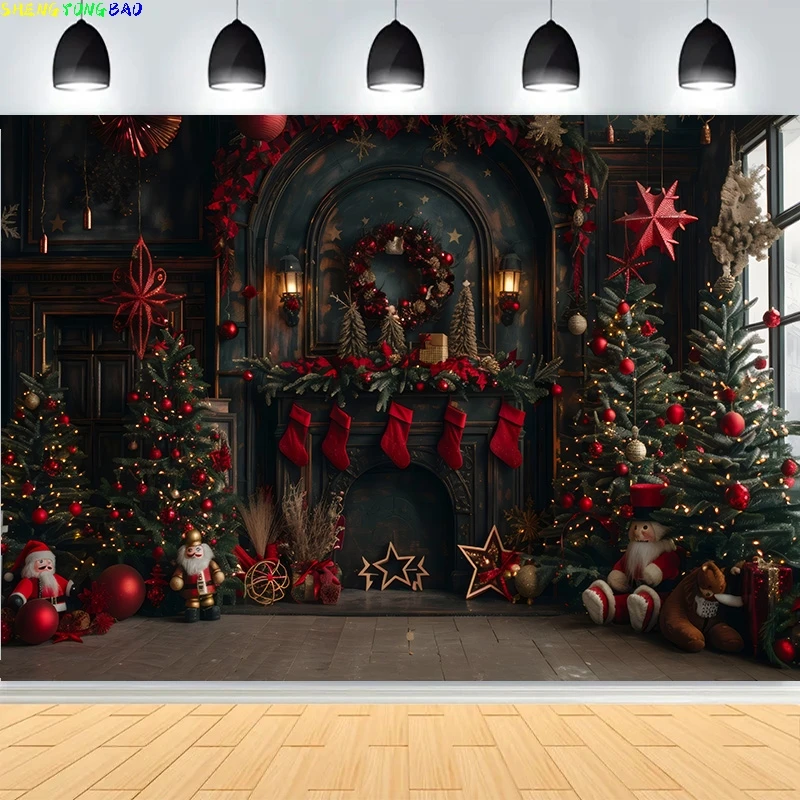 

Christmas Day Fireplace Photography Backdrops Fireplace Patio Wreath Window Indoor New Year Holiday Party Photo Background CR03