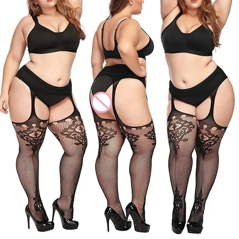 NEWJOINFUN Plus Size Open Crotch Tights Fishnet Pantyhose Stockings with Garter Belt for Oversized Women Thigh High Long Socks