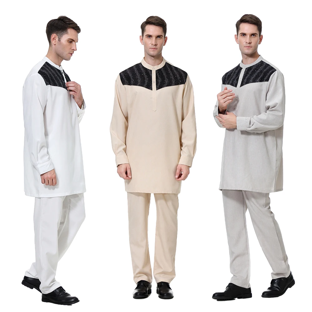 

Islamic Men Long Sleeve Tops Pant 2 Piece Set Saudi Arabic Suit Outfits Muslim Thobe Jubba Thoub Abaya Dress Kaftan Robe Ramadan