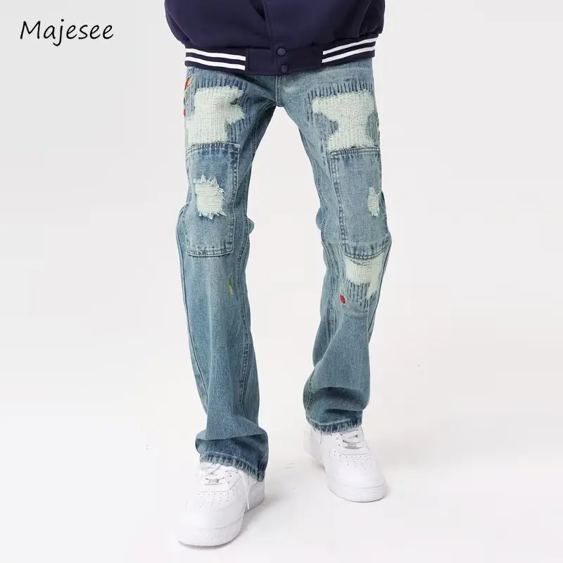 Embroidery Jeans Men Handsome Unisex Streetwear American Style Ripped Panepped Spliced Spring Autumn  Advanced Trousers