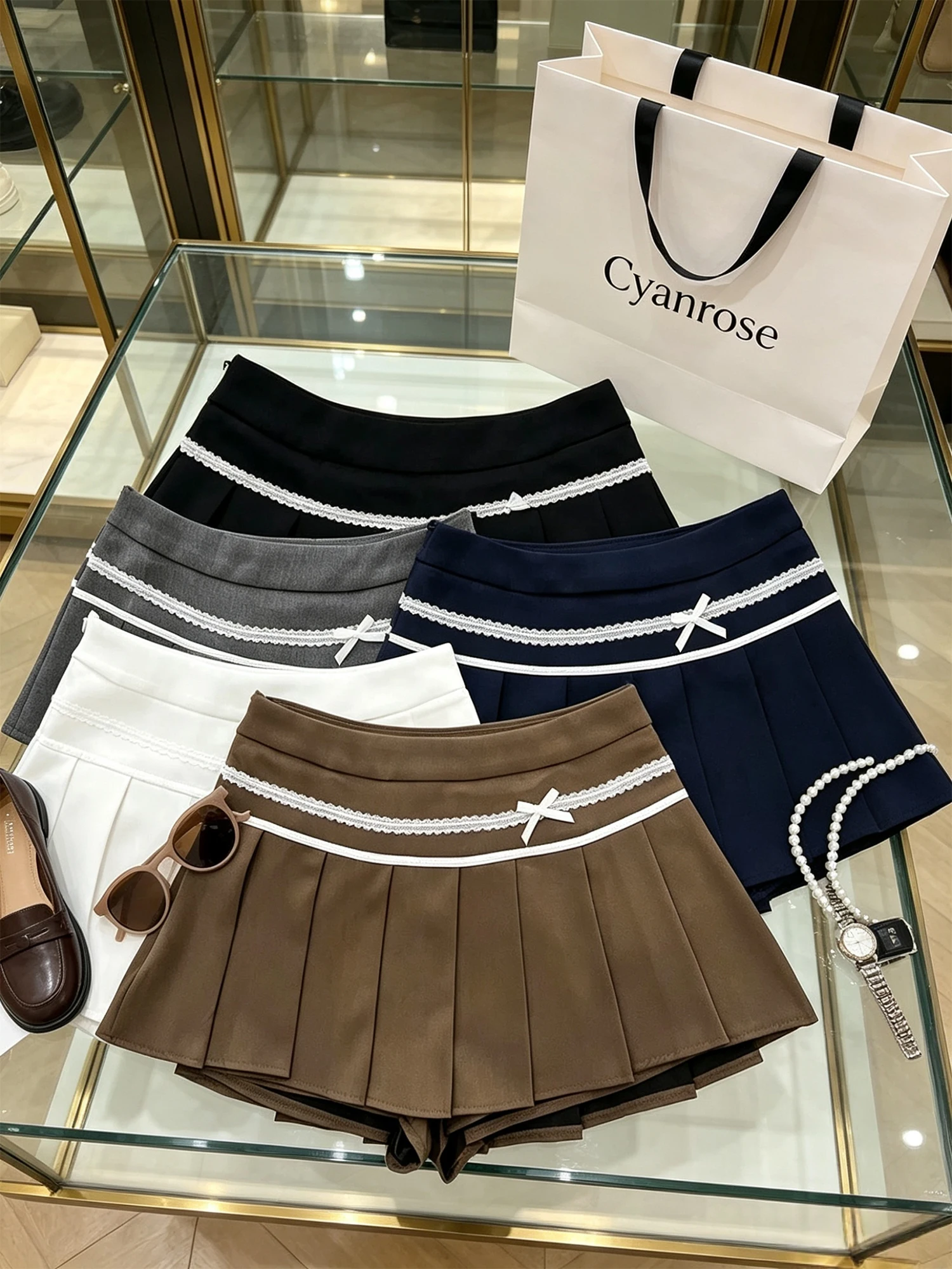 Women Khaki Mini Pleated Skirt Vintage Harajuku Preppy Style Bow Skirt Y2K Gyaru High Waist A-Line Shorts Skirt for Women Summer