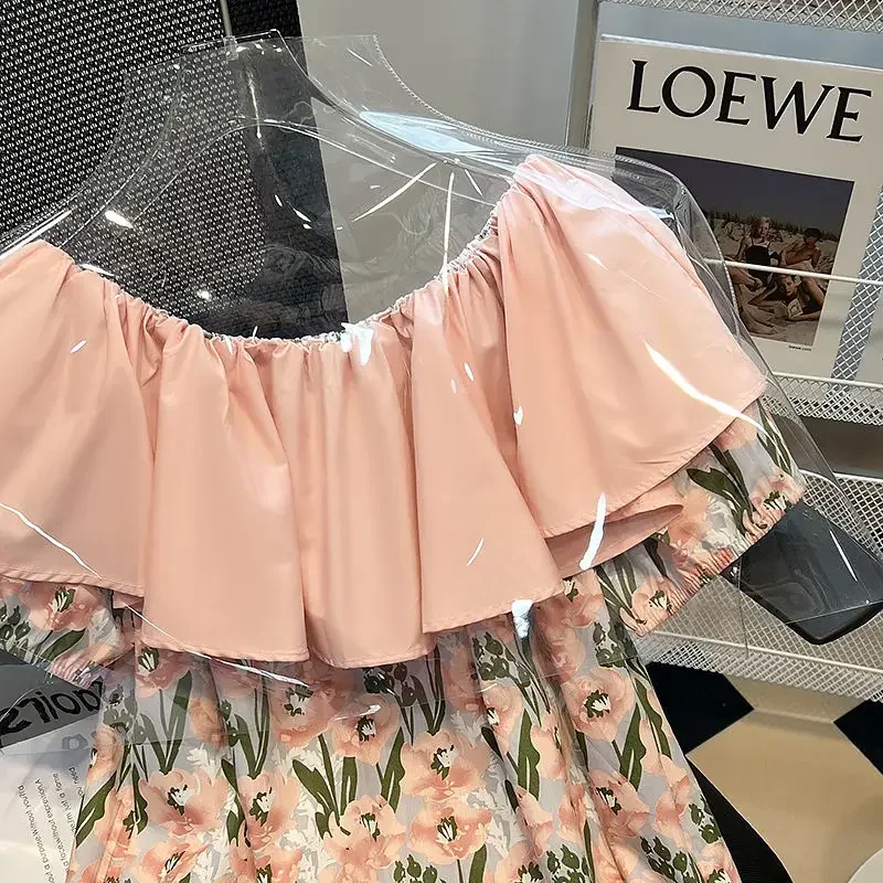 

Oversize Off Shoulder Ruffles Floral Blouses 2025 Summer New Pink Shirts Women Y2k Slim Fit Short Sleeve Blusas De Mujer