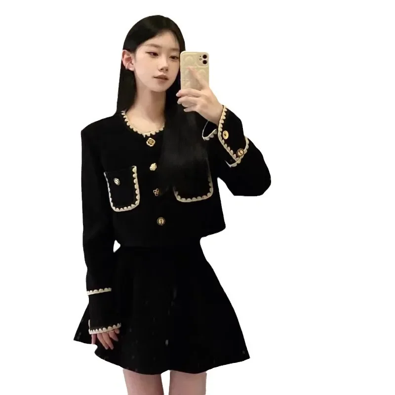 UNXX Autumn New Small Fragrance Round Neck Lace Splice Suit A-line Skirt Suits Vintage Tweed Blazers Mini Skirt Two Piece Set