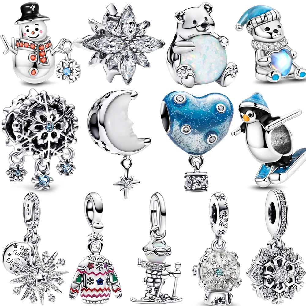 Winter 925 Sterling Silver Skiing Penguin Charm Fit Original Bracelets Necklaces Geometric Snowflake Beads Jewelry DIY Charm