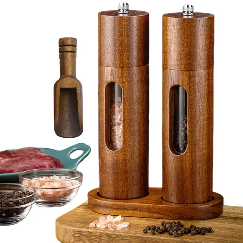 Wooden Salt and Pepper Grinder, 8 Inch Manual Pepper Mill Adjustable Coarseness Refillable, Acacia Wood Pepper Shakers for Kitch